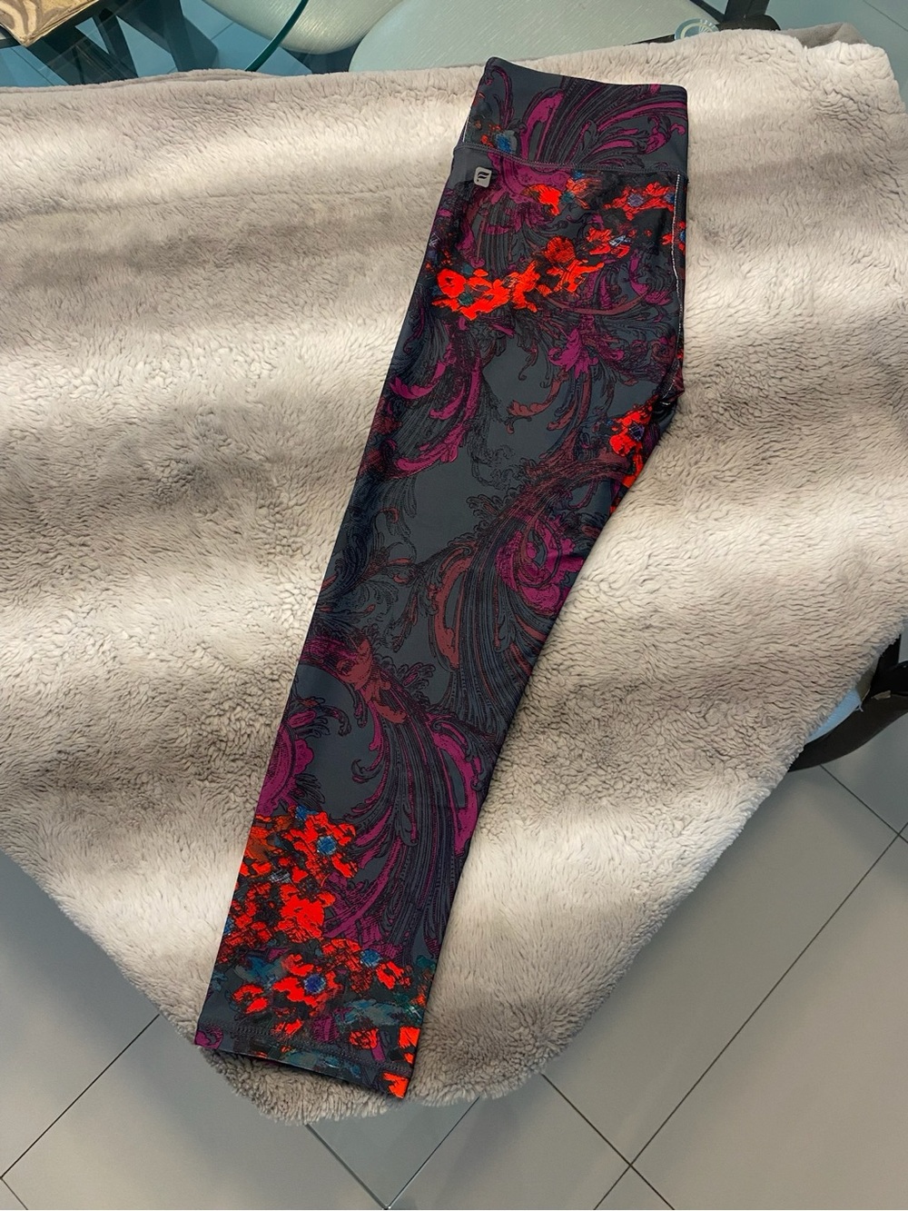 Fabletics Dark Gray Skinny Jeans with Purple Swirl & Red Floral Accents